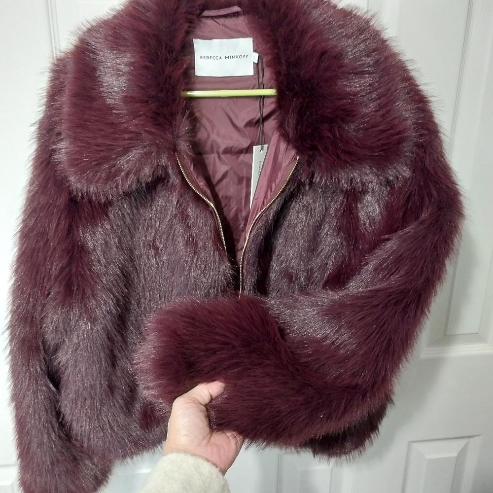 Rebecca Minkoff Fuax Fur Coat, Burgundy, NWT, Size L - Picture 5 of 10